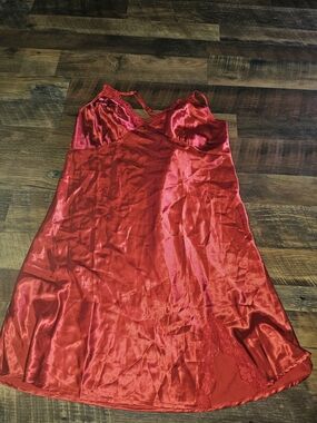 Satin Red Slip Chemise with Lace Detail